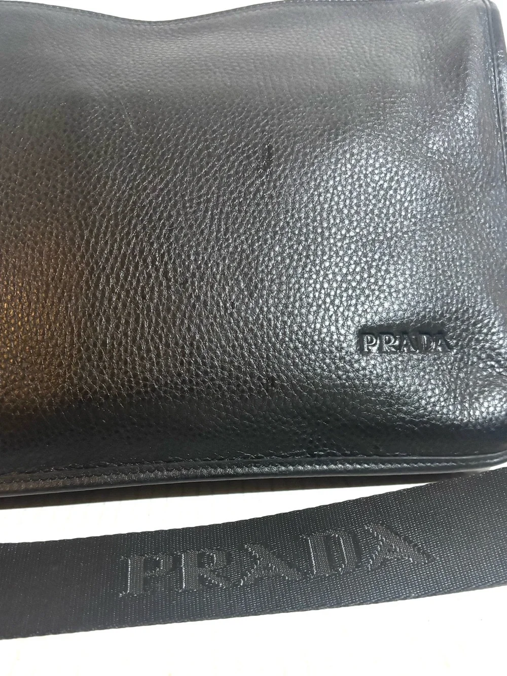 Prada unisex Black pebbled Leather Crossbody Bag with Adjustable Strap